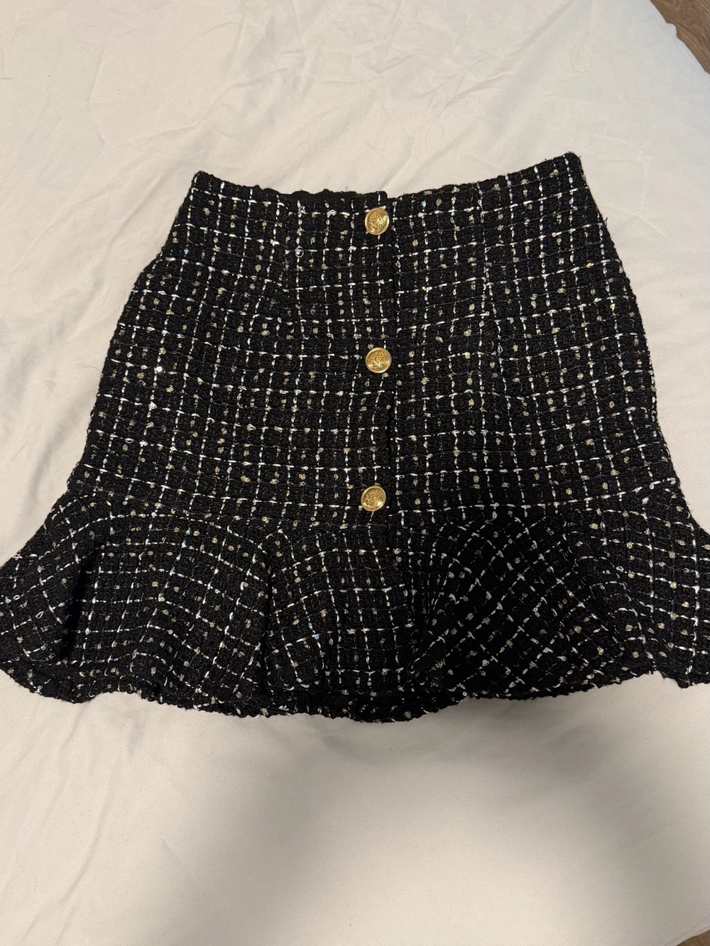 Black Tweed Ruffle Hem Skirt with Gold Buttons